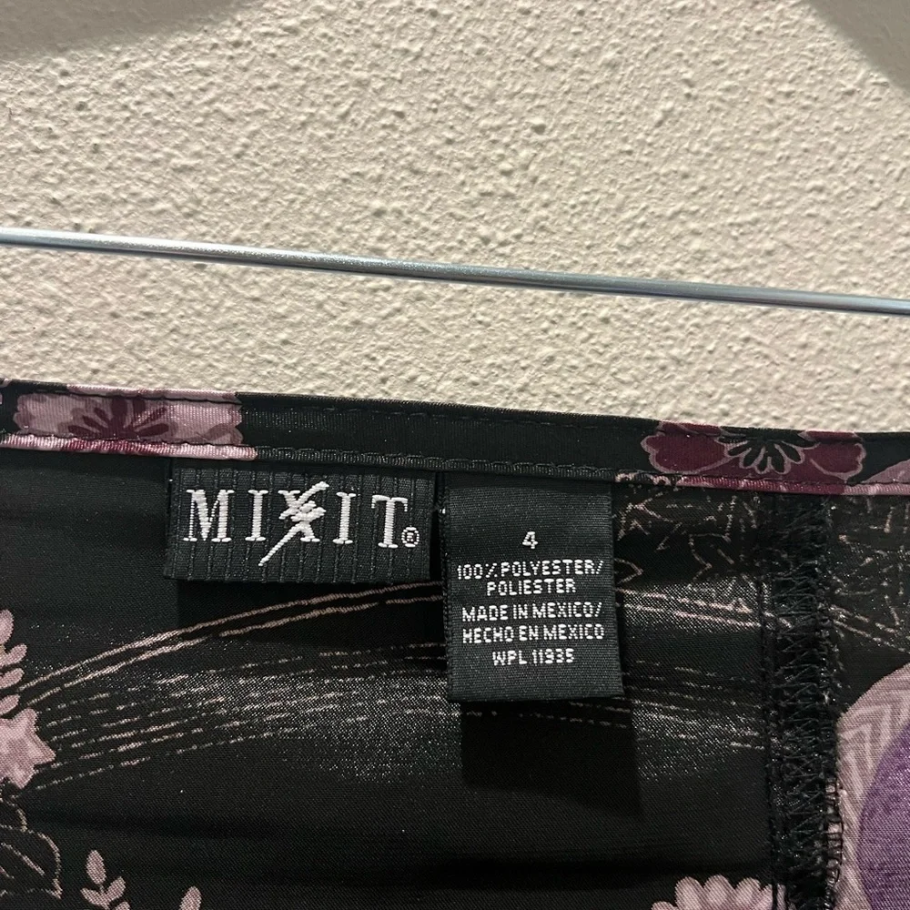 Mixit Black Purple Floral Asymmetrical Midi Skirt Satin Hanky Hem Size 4